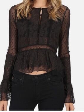 Free People Penelope Peplum Blouse Top Sheer Lace Black, Size Small